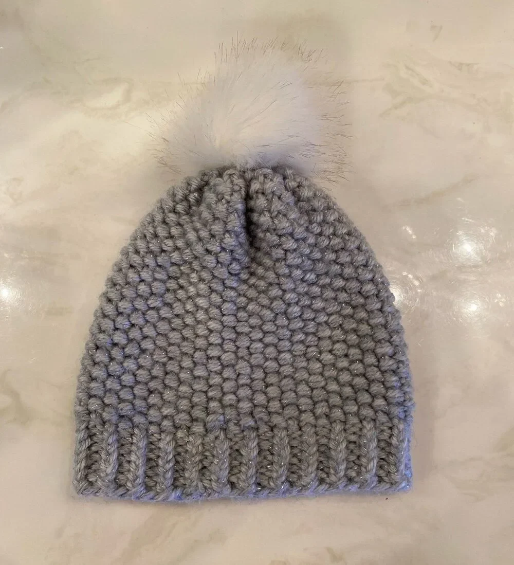 Boutique Gray Knit Pom Beanie‎ Cozy Stocking Hat Sparkle Thread Faux Fur Pom